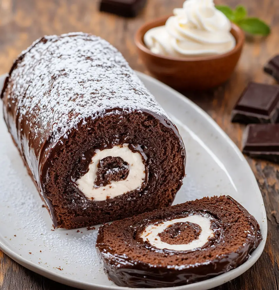 Roulé au chocolat moelleux garni de crème chantilly et décoré de cacao