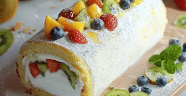 Bûche aérienne au yaourt et fruits frais, garnie de mangue, kiwi, noix de coco et graines de grenade.