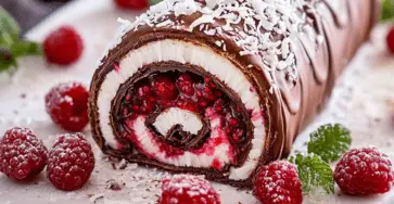 Bûche légère au chocolat, coco et framboises, décorée de noix de coco râpée et de framboises fraîches.