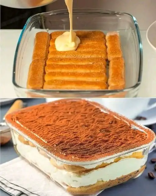 Recette traditionnelle de tiramisu italien avec mascarpone, café et cacao.