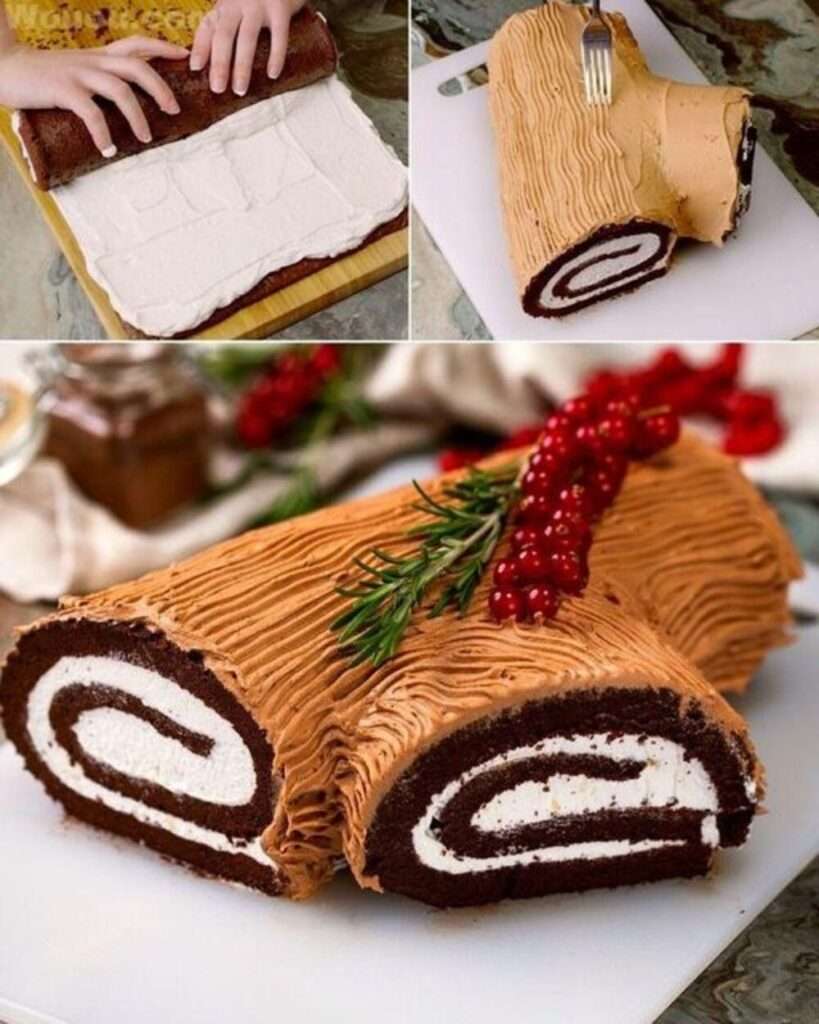 Bûche de Noël au chocolat décorée de groseilles rouges, brins de romarin et sucre glace.