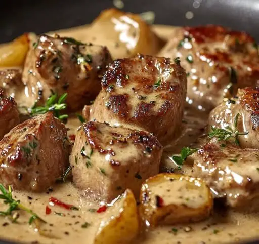 Sauté de bœuf à la crème de moutarde avec carottes et pommes de terre sautées, servi dans une assiette élégante.