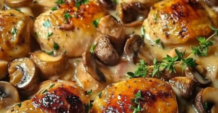 Émincé de poulet et bœuf nappé de sauce à la moutarde, accompagné de champignons et garni de persil frais