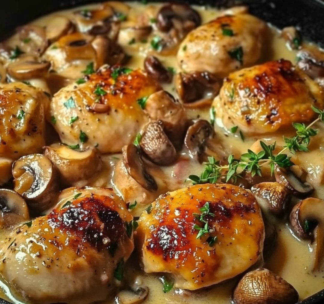 Émincé de poulet et bœuf nappé de sauce à la moutarde, accompagné de champignons et garni de persil frais