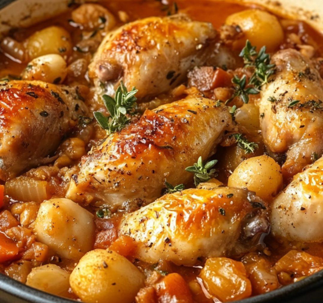 Cassoulet de volaille avec haricots blancs, tomates et légumes.