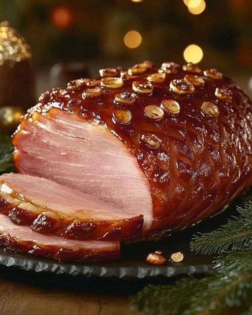 Jambon de Noël rôti et glacé au miel, décoré et prêt à servir pour un repas festif.