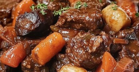 Bœuf bourguignon mijoté, servi avec des légumes fondants et une sauce onctueuse