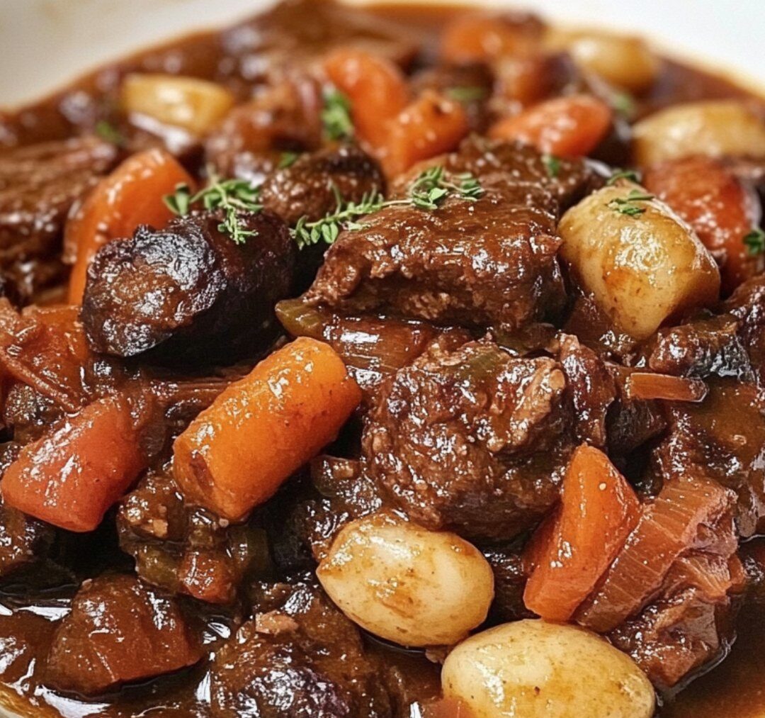 Bœuf bourguignon mijoté, servi avec des légumes fondants et une sauce onctueuse