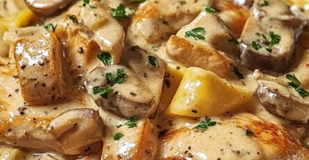 Poulet Stroganoff servi dans une assiette, garni de persil frais et accompagné de riz