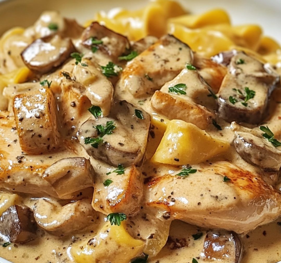 Poulet Stroganoff servi dans une assiette, garni de persil frais et accompagné de riz