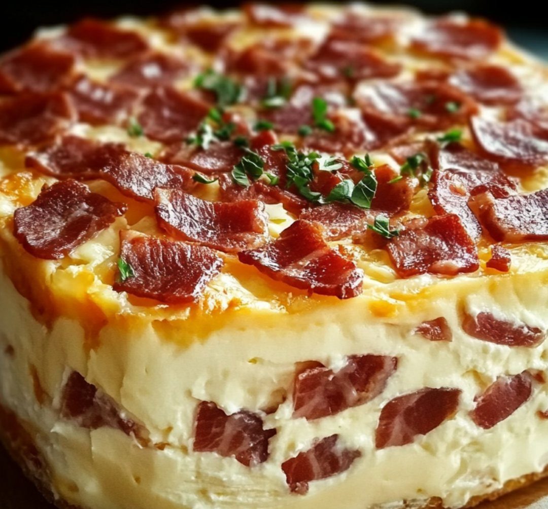 Cake camembert lardons doré, tranché et prêt à être dégusté