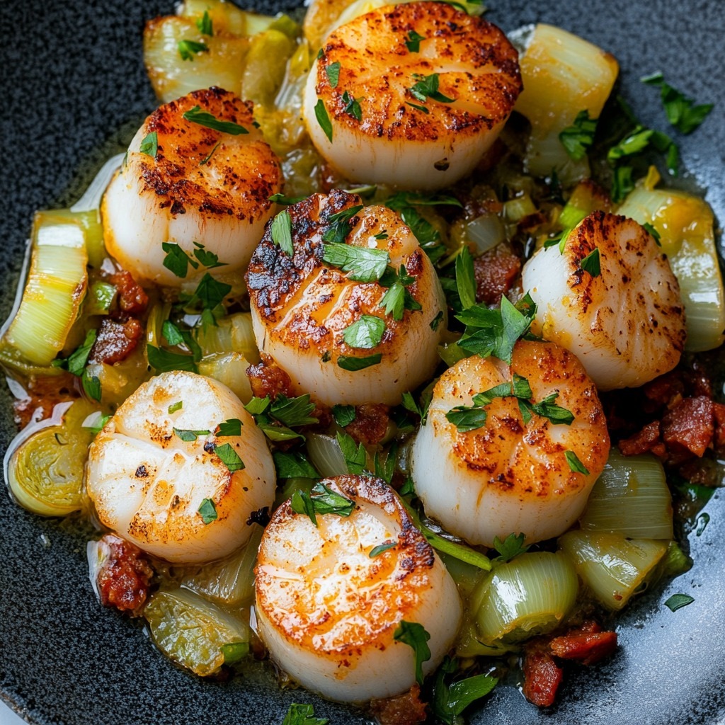 Les coquilles Saint-Jacques aux poireaux et chorizo