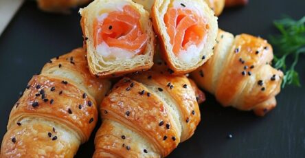 Mini croissants au saumon fumé et fromage frais, une bouchée savoureuse pour un apéritif raffiné.