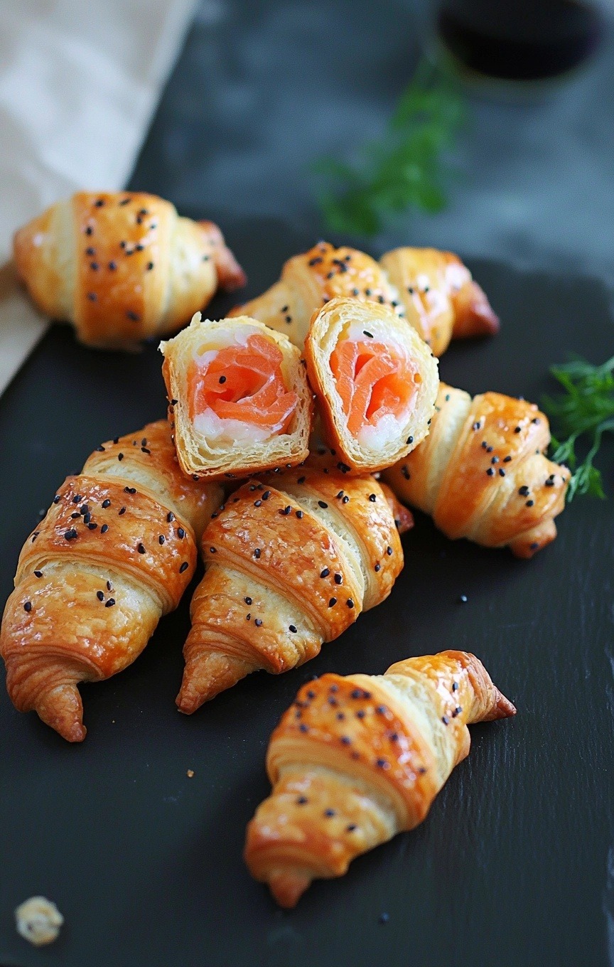 Mini croissants au saumon fumé et fromage frais, une bouchée savoureuse pour un apéritif raffiné.