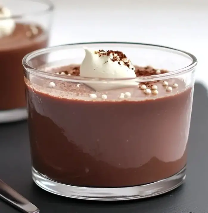 Verrines de panna cotta au chocolat garnies de crème fouettée légère