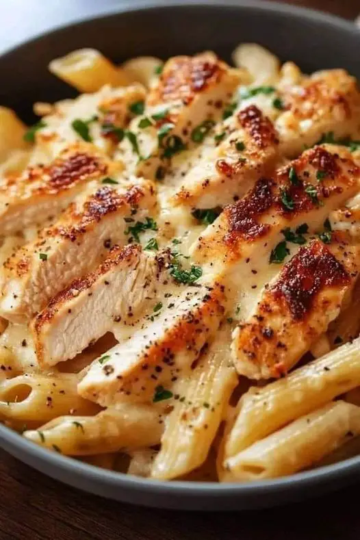 Plat crémeux de pâtes au poulet à l’ail et au parmesan gratiné au four