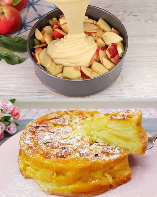 Tarte aux pommes moelleuse faite maison avec des pommes tranchées et une texture fondante