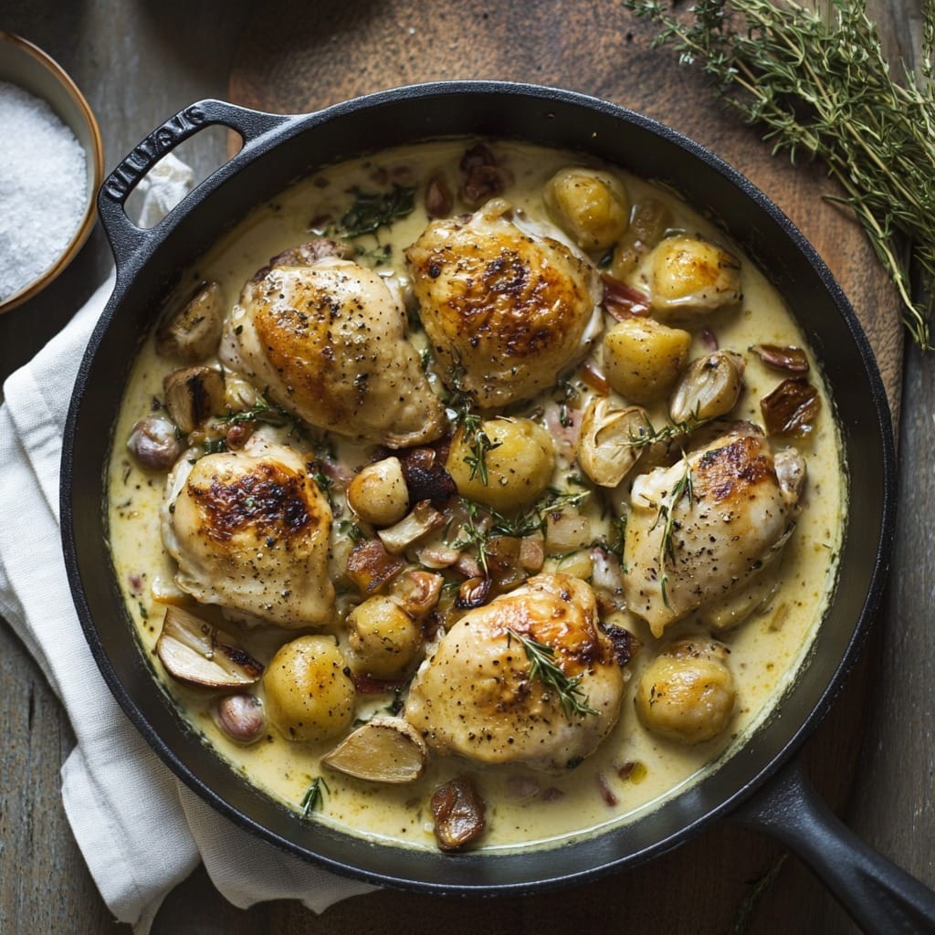 Poulet à la crème accompagné de pommes de terre fondantes et gousses d’ail rôties