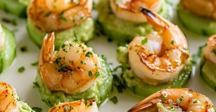 Bouchées de concombre et crevettes à l'avocat, une recette fraîche et légère idéale pour un apéritif.