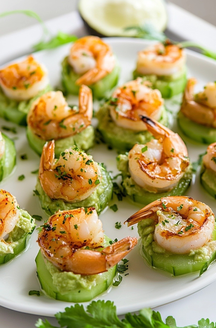 Bouchées de concombre et crevettes à l'avocat, une recette fraîche et légère idéale pour un apéritif.