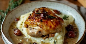 Cuisse de poulet rôtie dorée, servie avec une purée crémeuse à l’ail et tomates cerises rôties