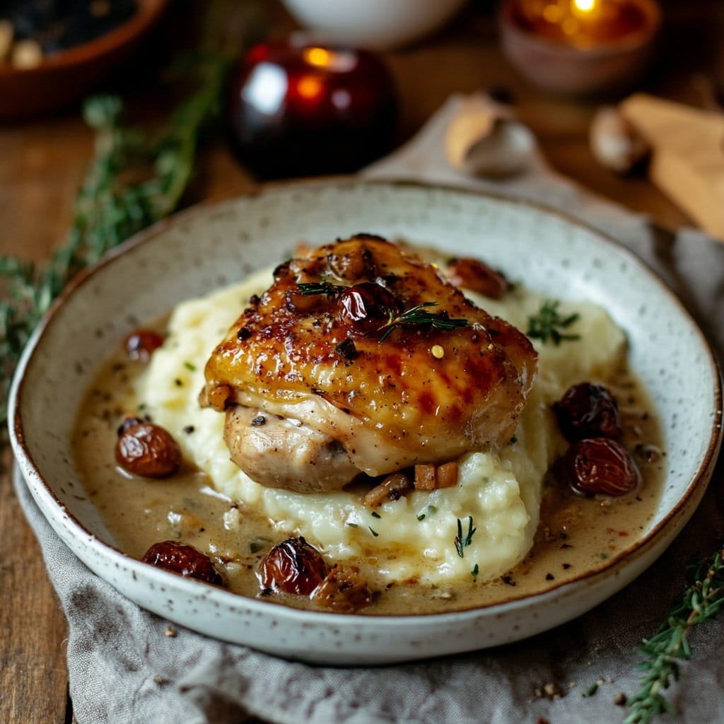 Cuisse de poulet rôtie dorée, servie avec une purée crémeuse à l’ail et tomates cerises rôties