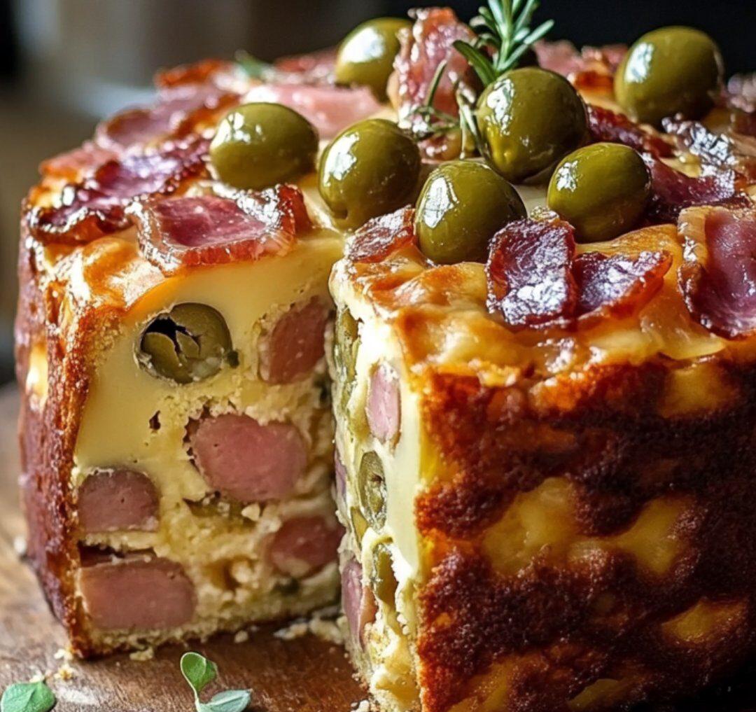 Cake salé au jambon, gruyère et olives fraîchement sorti du four, idéal pour un apéritif.