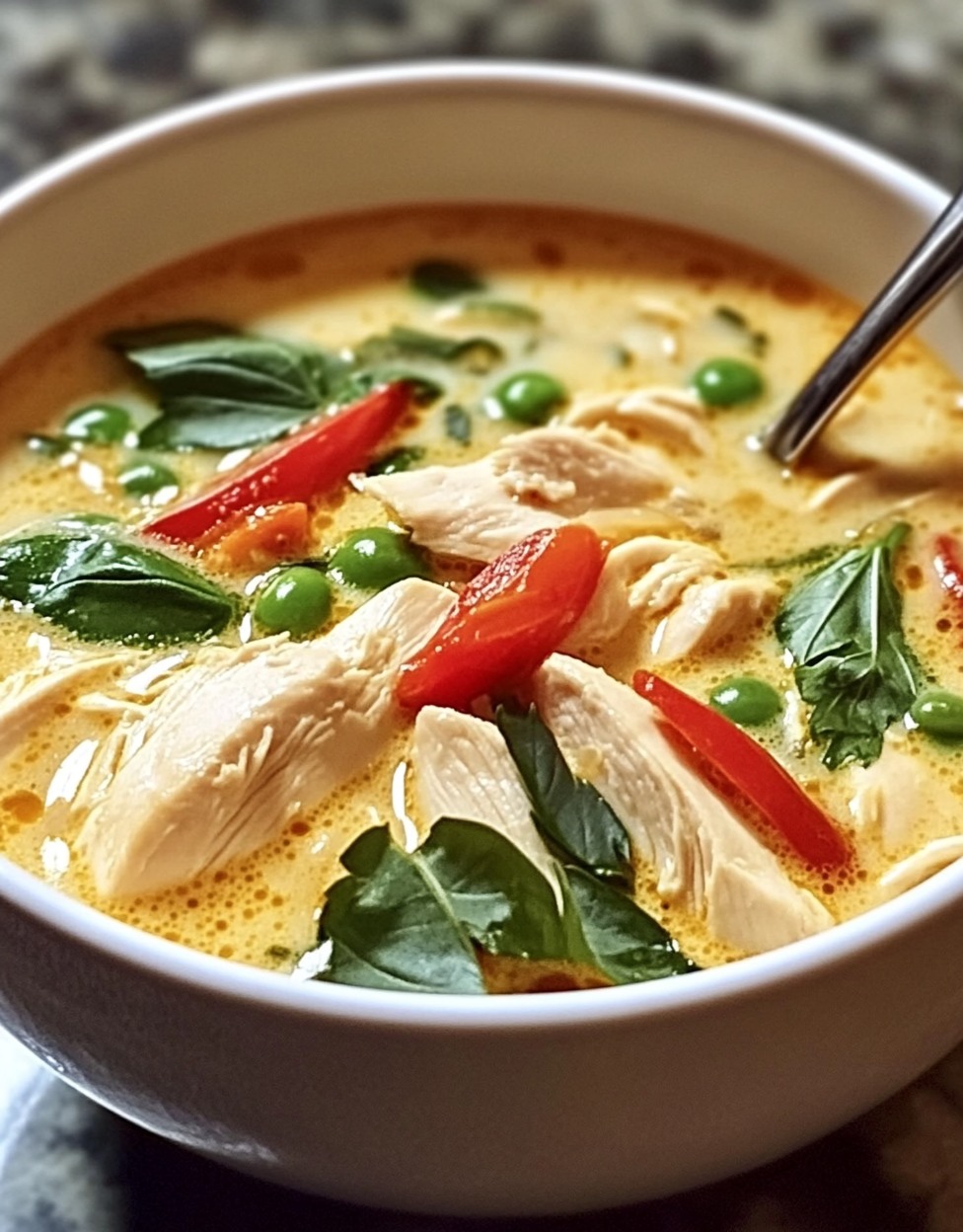 Soupe thaïe crémeuse au poulet et lait de coco avec vermicelles de riz et coriandre