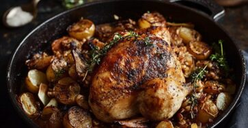 Poulet rôti aux herbes doré, accompagné de pommes de terre grelots et échalotes caramélisées