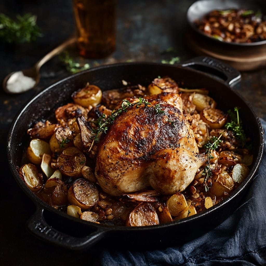 Poulet rôti aux herbes doré, accompagné de pommes de terre grelots et échalotes caramélisées