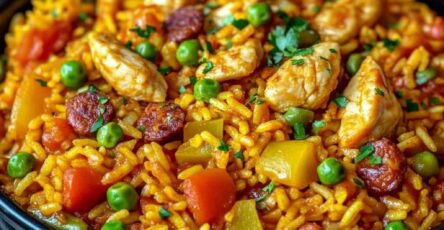 Paella au poulet et chorizo avec riz doré, légumes colorés, et quartiers de citron