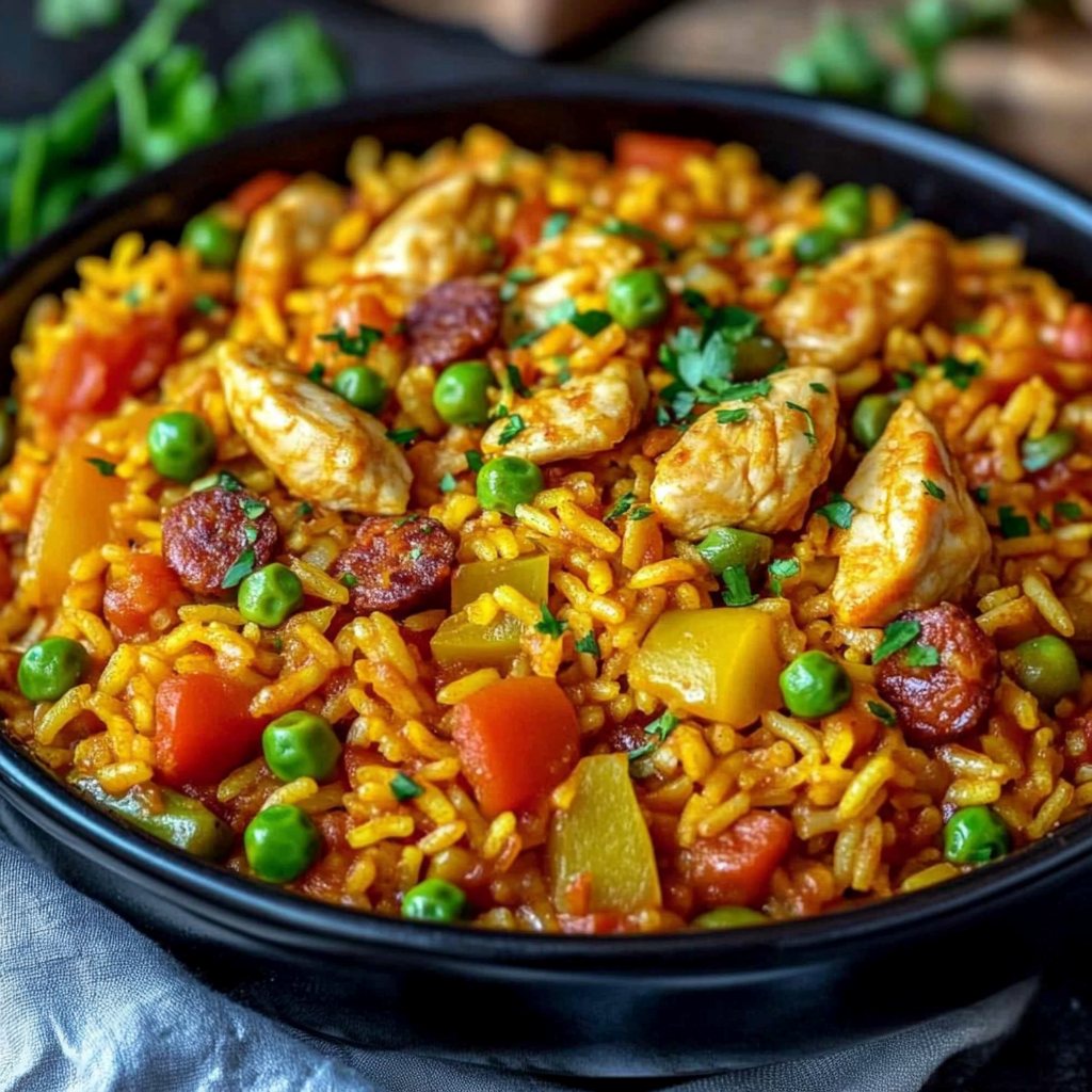 Paella au poulet et chorizo avec riz doré, légumes colorés, et quartiers de citron