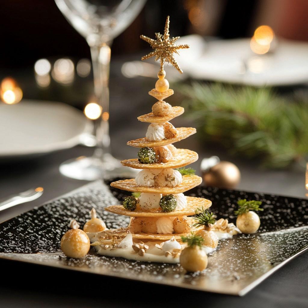 Arbre de Noël en Mille-Feuille de Parmesan et Fromage Frais décoré de boules de fromage.