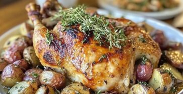 Poulet rôti doré, accompagné de pommes de terre et d’échalotes parfumées aux herbes fraîches