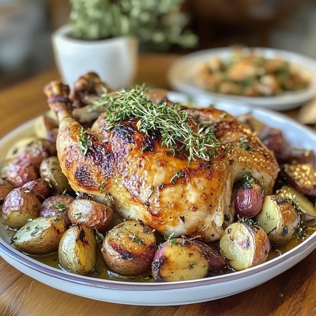 Poulet rôti doré, accompagné de pommes de terre et d’échalotes parfumées aux herbes fraîches