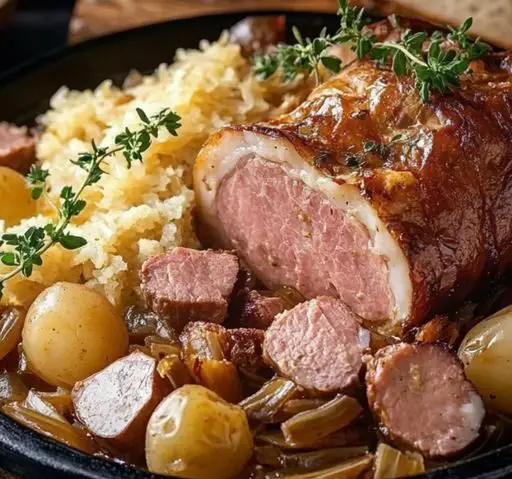 Choucroute alsacienne garnie avec viandes fumées et pommes de terre