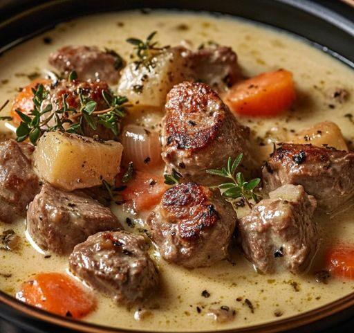 Blanquette de veau traditionnelle à l'ancienne avec sauce crémeuse et légumes variés