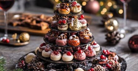 Arbre de Noël en truffes et chocolats décoré de fruits rouges, cacao et sucre glace.