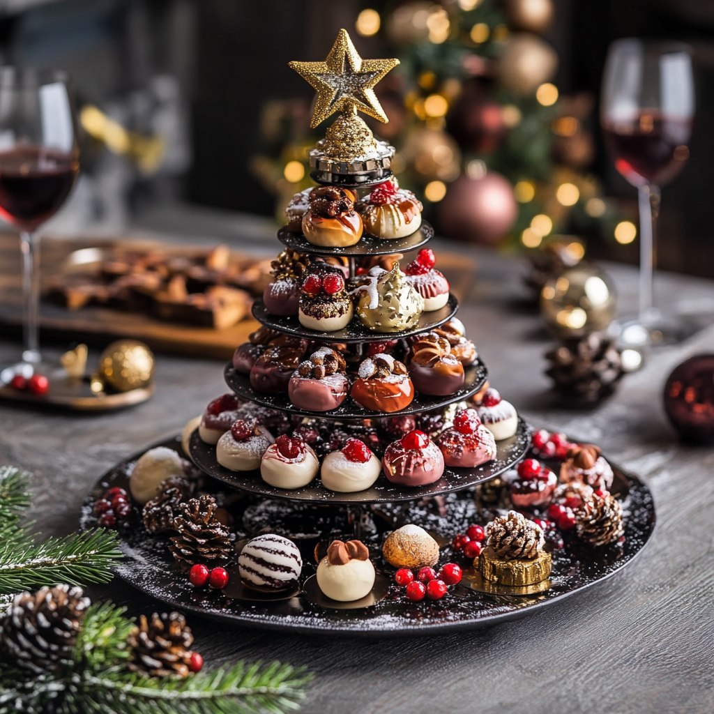 Arbre de Noël en truffes et chocolats décoré de fruits rouges, cacao et sucre glace.