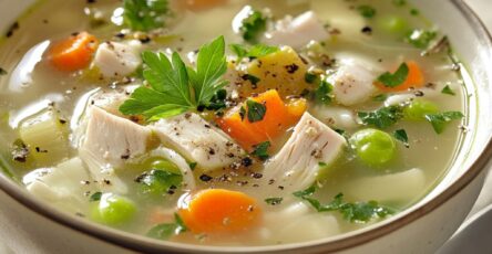 Bol de soupe de poulet aux légumes maison avec carottes, pommes de terre, céleri et persil frais, servi chaud pour un repas réconfortant et nutritif.