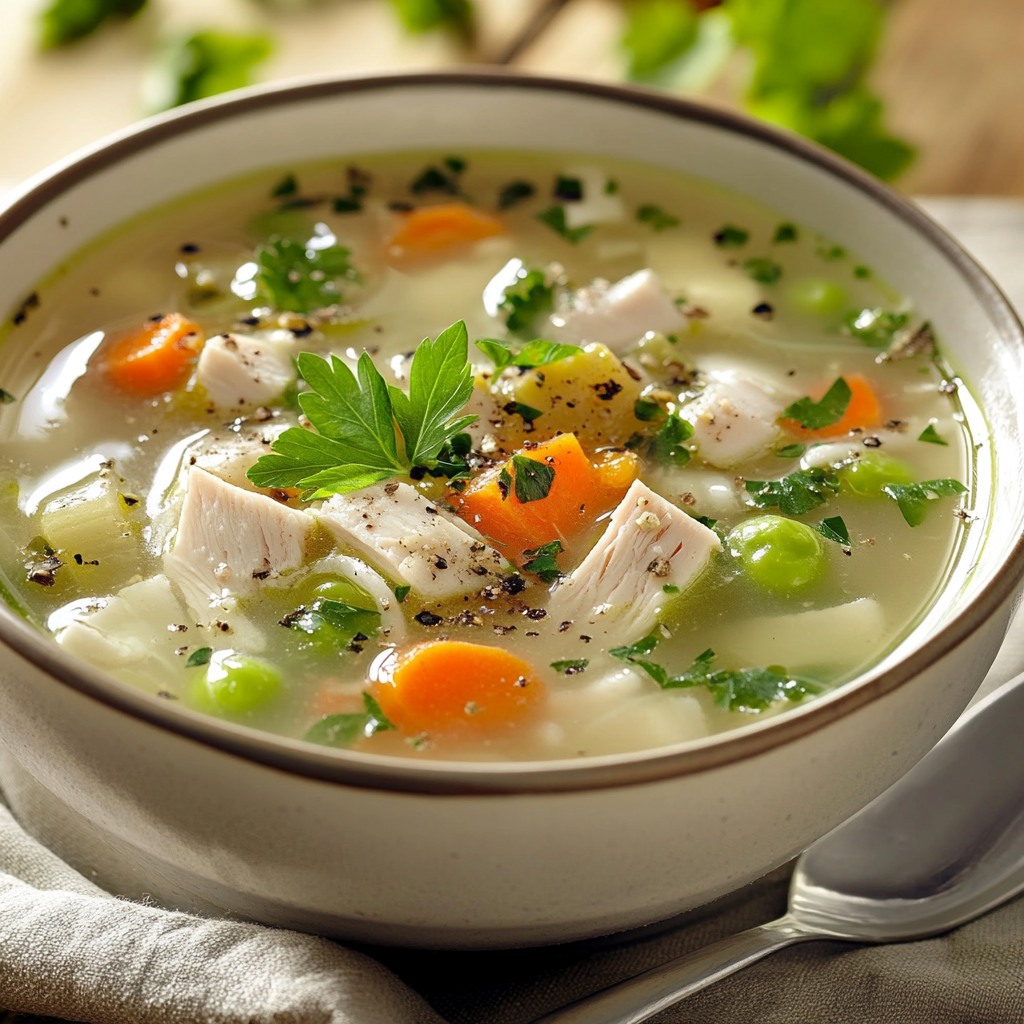 Bol de soupe de poulet aux légumes maison avec carottes, pommes de terre, céleri et persil frais, servi chaud pour un repas réconfortant et nutritif.