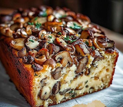 Cake salé aux champignons, comté, noisettes, et persil frais, coupé pour révéler sa texture moelleuse et ses ingrédients.