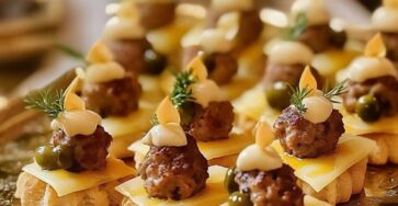 Canapés festifs avec boulettes et fromage, garnis de mayonnaise et décorés avec des cornichons et de l'aneth, parfaits pour un apéritif de Noël ou d'autres occasions spéciales.