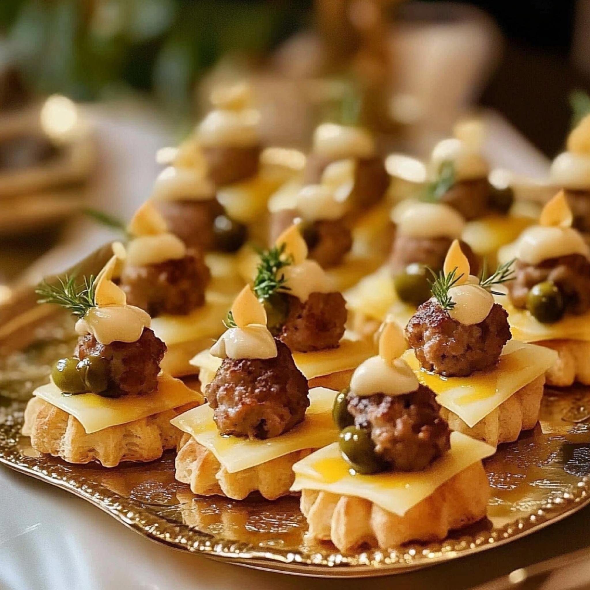 Canapés festifs avec boulettes et fromage, garnis de mayonnaise et décorés avec des cornichons et de l'aneth, parfaits pour un apéritif de Noël ou d'autres occasions spéciales.