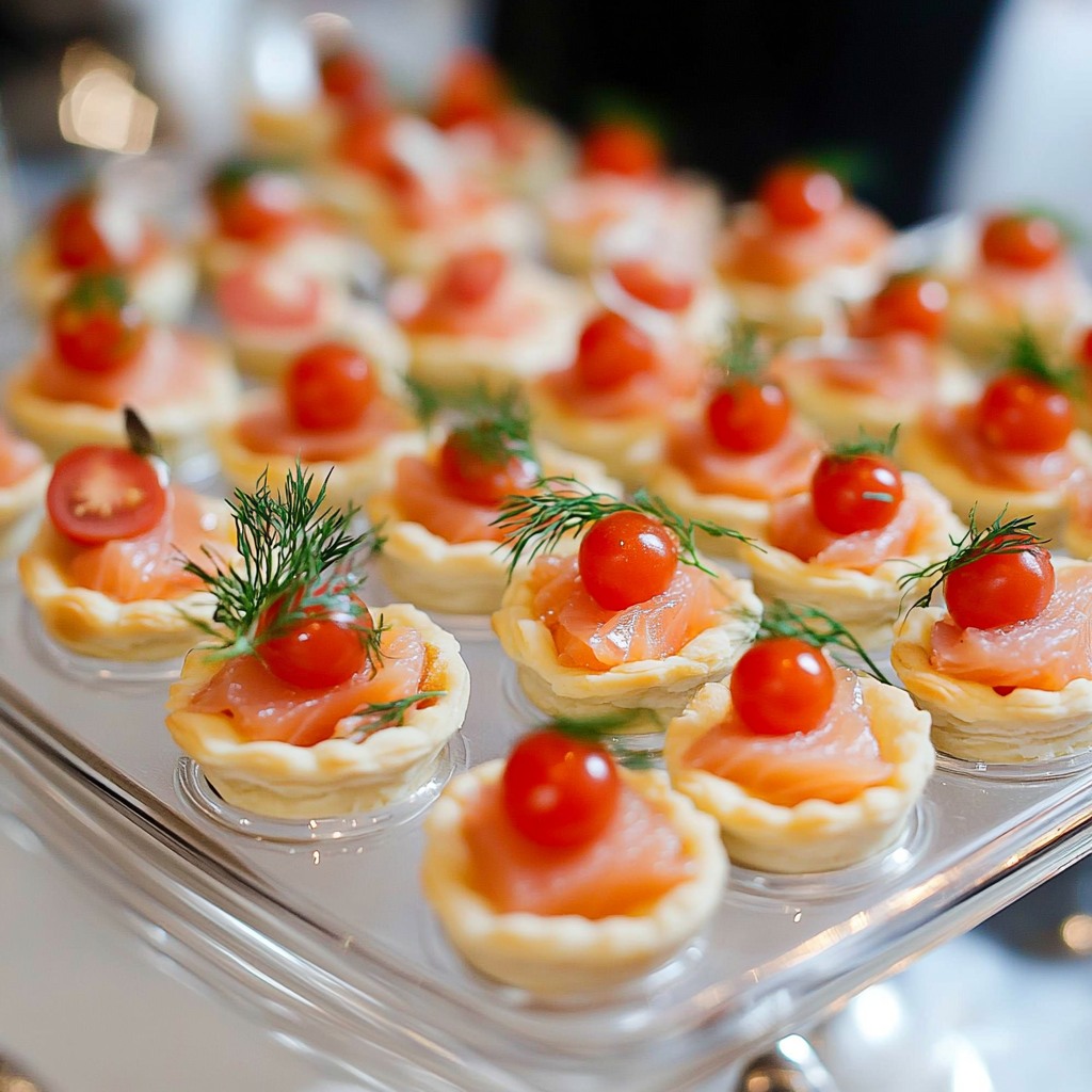 Tartelettes au saumon fumé, tomates cerises et aneth, présentation festive pour les fêtes.