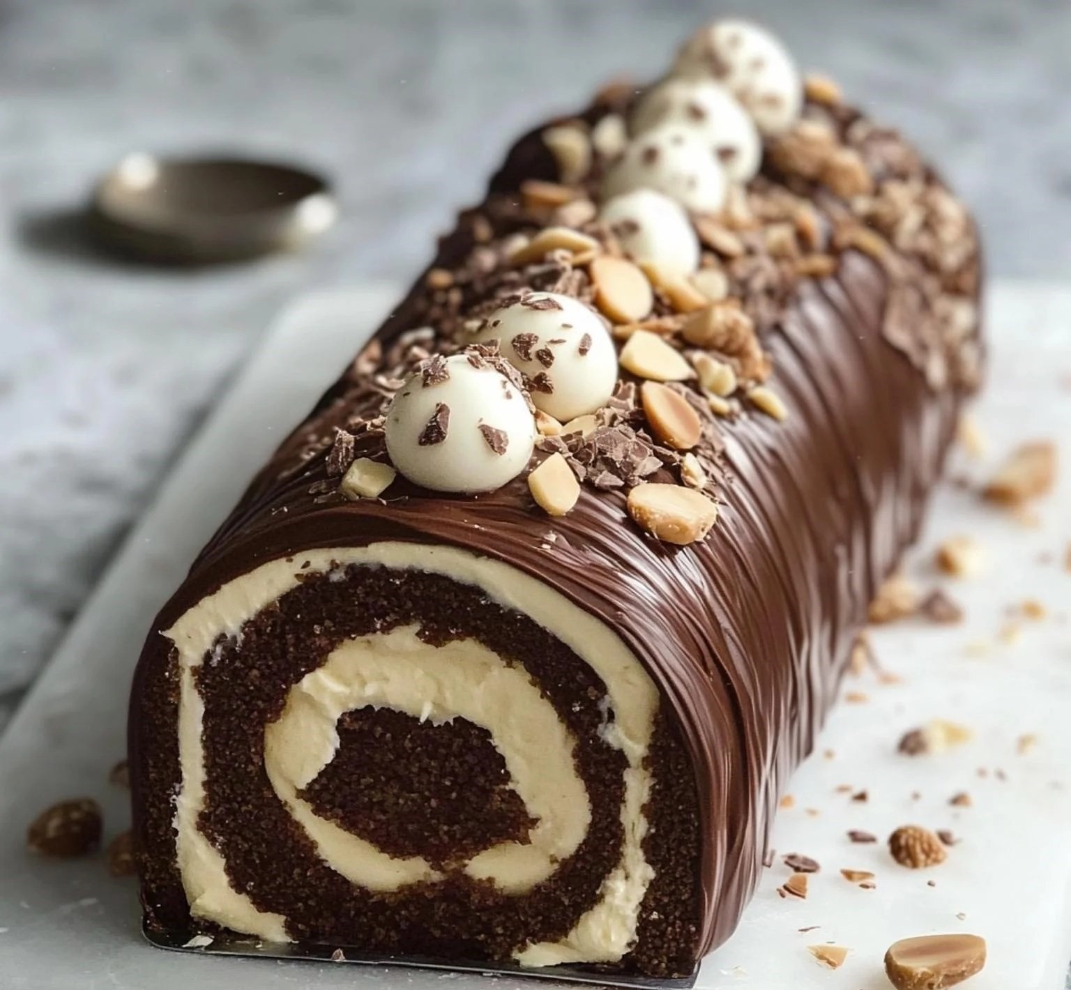 Bûche roulée au chocolat avec glaçage rocher et décor gourmand.