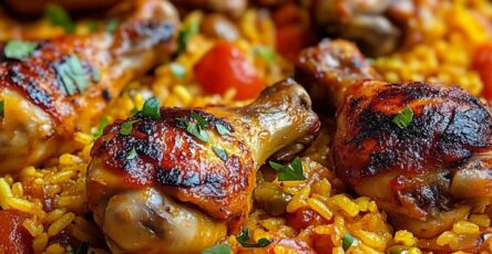 Paella au Poulet garnie de légumes colorés, persil frais et quartiers de citron