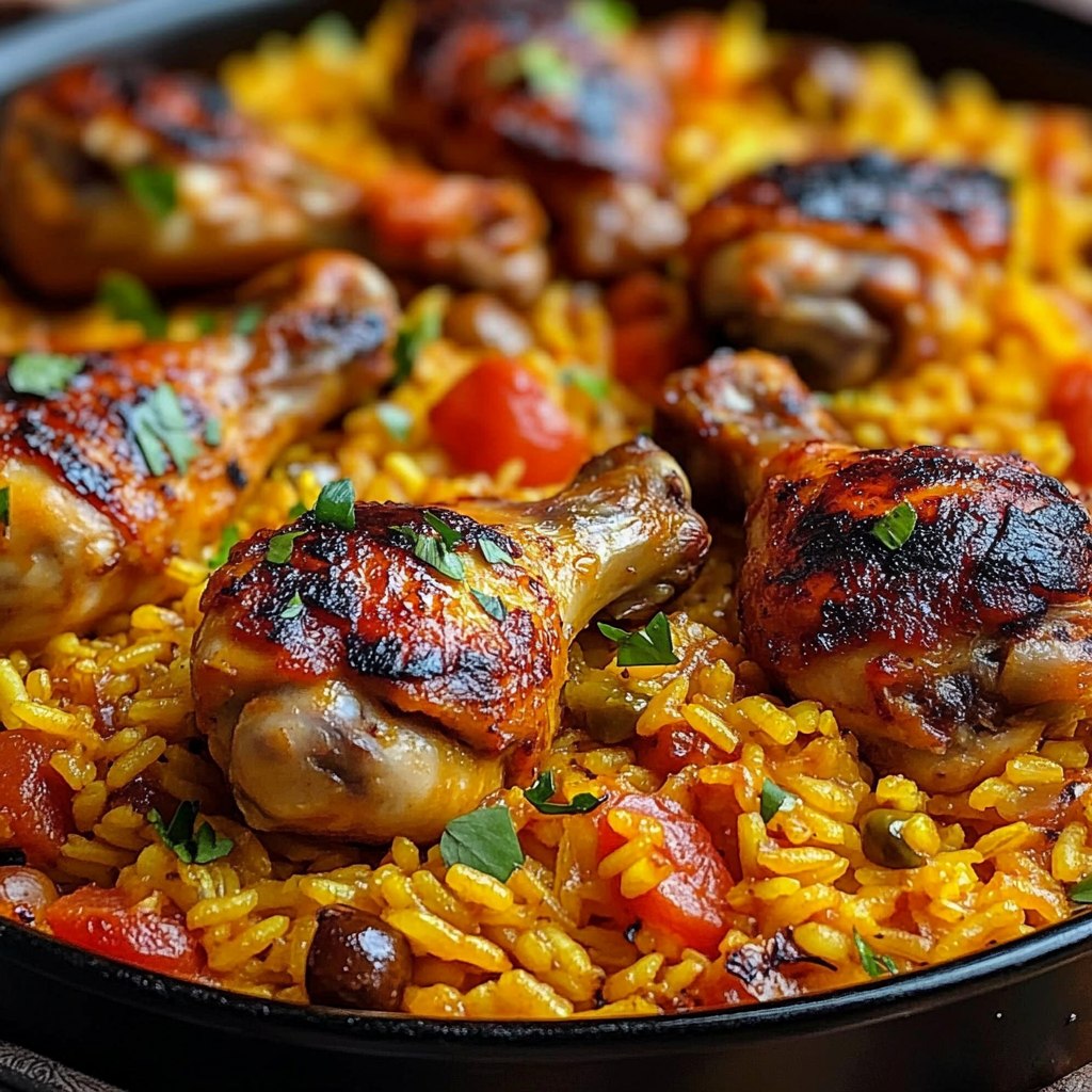 Paella au Poulet garnie de légumes colorés, persil frais et quartiers de citron