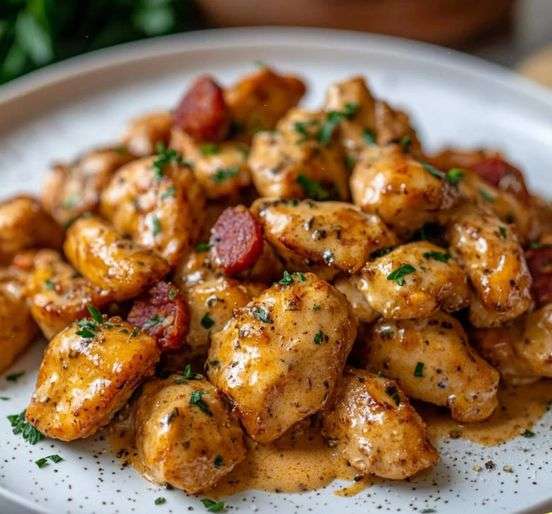 Aiguillettes de poulet sauce crémeuse au chorizo servies avec des herbes fraîches dans une poêle rustique.