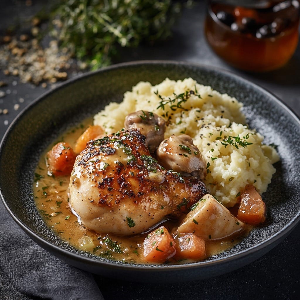 Poulet rôti doré servi avec légumes racines caramélisés et une purée crémeuse